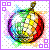 Pixelated fruit-shaped icon with rainbow gradient, white interior pattern, and purple border squares changing position across frames.