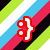 Four pixelated icons arranged in a , each featuring a stylized face with three circular eyes and a curved mouth on a diagonal striped background