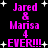 Pixelated pink text on black background with white stars, displaying 'Jared & Marisa 4 EVER!!!' in two vertical