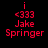 Red pixelated text 'i', '<333', and 'Jake Springer' on black background with white rectangular overlays shifting across the image.