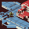Pixel art of a red and white building with blue tiled roofs, green figures on the ground, and dark brown background elements arranged in repeating isometric