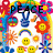 Pixelated icon with rainbow arches, flowers, and smiley faces; text "PEACE" at top left, "LOVE" at top right, "SMILE" at bottom left.