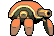 Pixel art turtle with orange shell and brown limbs, animated walking cycle showing sequential leg positions against gray background.