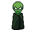 Green-skinned alien with large white eyes and black pupils, wearing a dark green cloak or robe. Some frames show the alien extending arms to reveal pink cape-like wings.
