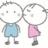Four cartoon figures in blue and pink outfits stand side-by-side, two pairs of male-female characters with closed eyes and rosy cheeks on a white background.