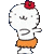A white cartoon cat with a red flower on its head wears an orange skirt and points right, shown in three vertical frames with slight pose variations.