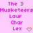Pixelated text and heart symbols on a pink background, with two identical side-by-side layouts featuring 'The 3 Musketeers', 'Laur', 'Char', 'Lex', and orange hearts.