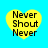 Four yellow heart-shaped icons with black text "Never Shout Never" on a bright blue background, arranged in a