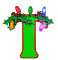 Green T-shaped figure with red outline, decorated with green garland and colored lights; animation cycles through light colors.
