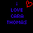 A pixelated image with blue text reading "i LOVE CARA THOMAS" on a black background, featuring a red heart symbol above the word "LOVE."