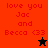 Pixelated text reads "love you Jac and Becca <33" with a star symbol, displayed across two color variations.