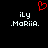 Red pixelated heart symbol above two identical white text blocks reading 'iLy .MoriiA.' on black background.