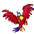 Pixelated red bird with outstretched wings, yellow eyes, and multicolored tail feathers on white background.