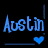 Blue text 'Austin' with a blue heart on black background, pixelated image of person in brown jacket and sunglasses, red text 'You gotta love him!' over white background.