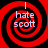 Four identical red and black spiral patterns with white text reading 'i hate scott' arranged in a on a solid black background