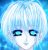 Pixelated face with light blue hair, turquoise eyes, and a neutral expression against a gradient blue background.