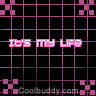 Static pixel art icon featuring pink text on a black grid background with corner checkered patterns and website watermark.