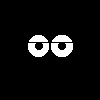 Two white pixelated circular shapes on black background, first with two identical circles side-by-side, second with one circle and a curved line segment.