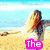 A beach scene with a woman in white clothing standing on sand, ocean and sky background, pink text 'The' at bottom left.