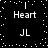 Black background with white pixelated text and symbols arranged in a , featuring 'Heart' and 'JL' text elements and a central vertical line with a heart symbol