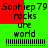 Pixelated text displays 'Sophiep 79 rocks ure world' on green and red backgrounds with horizontal lines below, alternating between two states.
