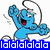 Pixelated blue cartoon character with open mouth and red tongue, holding a black hula hoop above its head against white background.