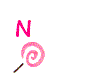 A pink spiral lollipop with a brown stick appears below a pink 'N' on a white background, then the 'N' changes to 'NE' while the lollipop remains.