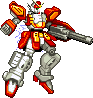 Pixelated mecha robot with red and silver armor, orange chest accents, holding a large gray cannon, standing against light gray background.