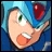 Pixelated close-up of a character's face with green eyes, orange mouth, and blue background, featuring a red circular object near the top right.