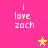 Pixelated text 'i love zach' on bright pink background with yellow and orange stars in four corners.