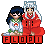 Pixel art of two anime-style characters in red and white outfits standing side-by-side on a gray background with 'FLOPI' text below.