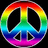 Three identical rainbow-colored peace symbols arranged in a with one empty space, each symbol featuring black negative space and pixelated edges