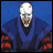 Pixelated character with white hair and red mouth in blue robe with red patterns against blue background, next to black with white text