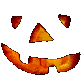 Three pixelated pumpkin face expressions with orange, red, and brown color variations on a gray background.