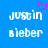 Blue background with white pixelated text 'justin bieber' and a pink pixelated heart above the text.