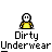 Pixelated character in yellow shirt with changing hand gestures and small particle effects beneath text "Dirty Underwear" on gray background.