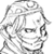 Static grayscale pixel art of a stylized character face with exaggerated features and chaotic line work, rendered in 50x50 pixels on white background.
