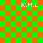 Green and orange checkered background with four white 'K.M.L.' text labels, two green overlays showing different pixel arrangements