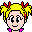 Pixel art of a character with yellow hair, red accents, and pink clothing showing two facial expressions against gray background.