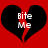 Two identical black broken hearts on red background with white text "Bite Me" inside each heart.