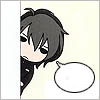 Chibi-style character with dark gray hair and black eyes peeks from left, speech bubble changes from empty to single dot then two dots then three dots.