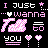 Pixel art icon with pink and white text on black background featuring the phrase "I just wanna be you" surrounded by heart symbols, a star, and abstract shapes.