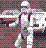 Pixelated figure in white armor with helmet, holding a blaster rifle against a gray and purple checkered background.