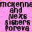 A static image with pink background and orange dots, displaying repeated text 'mckennamckenna and alexs sisters forever' in black pixelated font.