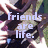 Pixelated image with light purple text reading 'friends are life.' over a blurred background of indistinct shapes and colors.