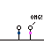 Pixel art animation of two stick figures with blue and pink heads, showing sequential text bubbles like "OMG!" and "THAT SHIRT IS SO LAST YEAR."