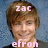 Pixelated image of a person with brown hair against a blue background, featuring pink text overlays reading "ZAC" above the head and "efron" below the chest.