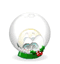 A snow globe with a green base and holly accents contains two yellow-gloved hands that open to reveal changing facial expressions inside.