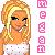 Pixelated image of a person with long blonde hair wearing white top, standing against light blue and pink background with vertical pink icons.