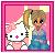 Pixelated image of a white cat with pink nose and black eyes next to a girl in blue dress against pink background.